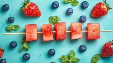 A refreshing arrangement of watermelon, strawberry, and blueberries on a skewer, showcasing a healthy and vibrant snack option perfect for summer picnics and gatherings.