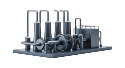 Complex metal gears & pipes system on platform, dark