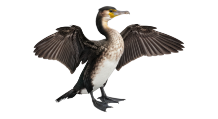 Cormorant with outstretched wings, grey feathers, yellow beak. Isolated on black