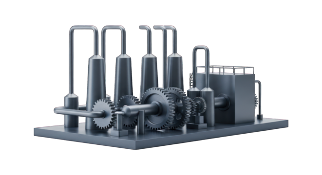 Complex metal gears & pipes system on platform, dark