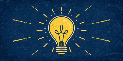 Stylized yellow lightbulb on a dark blue background with radiating yellow lines