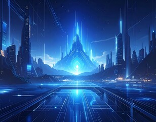 Futuristic cityscape with glowing blue structures