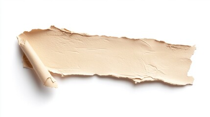 A beautifully rolled piece of beige textured paper rests on a white background, emphasizing its unique texture and flexibility, perfect for art and design projects.