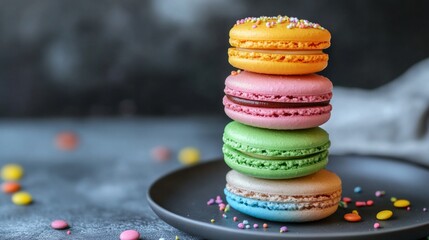 A delightful stack of colorful macarons rests on a black plate, showcasing an array of pastel colors. This image captures the joy and vibrance of gourmet treats and desserts.
