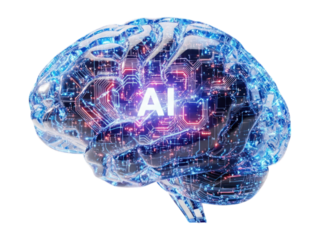 Digital brain image with 'AI' in center, highlighting circuits and connectivity