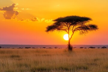 A beautiful acacia tree stands silhouetted against a breathtaking sunset over the vast African plains, capturing the essence of nature's tranquility and beauty.