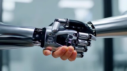 Close-up of two metallic robotic arms shaking hands - Powered by Adobe
