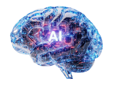 Digital brain image with 'AI' in center, highlighting circuits and connectivity