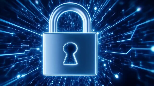 Digital lock graphic, glowing blue lines