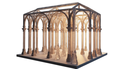 Elegant architectural structure with arches and columns, bathed in warm light