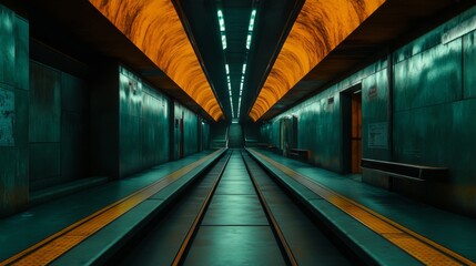 A captivating view of a modern train station with distinct orange lighting and smooth, abstract walls, creating an intriguing yet tranquil underground atmosphere.