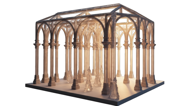 Elegant architectural structure with arches and columns, bathed in warm light