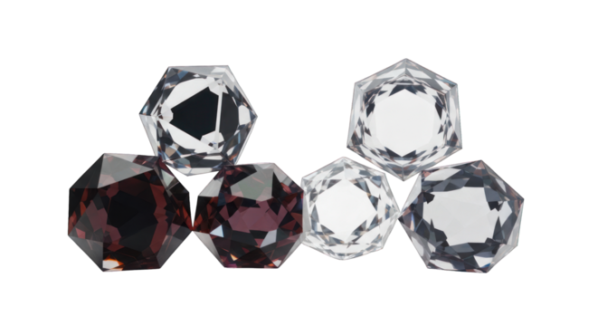 Faceted translucent spheres, red and clear, scattered against a black background