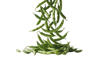 Falling, freshly-picked green beans are piled up. Black background