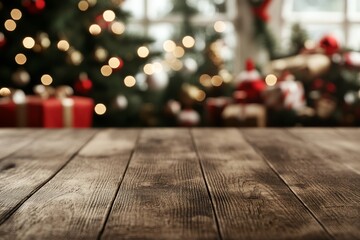 A beautifully rustic wooden table set in front of a decorated Christmas tree, surrounded by cheerful holiday lights and gifts, encapsulating the spirit of celebration and togetherness.