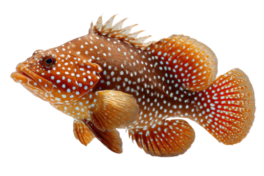 A detailed illustration of a vibrant orange and white spotted fish, possibly a type of grouper, isolated on a transparent background. background removed