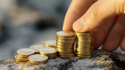 A close-up of a hand stacking shiny gold coins, symbolizing wealth and financial success, inviting reflection on the concepts of savings and investment.