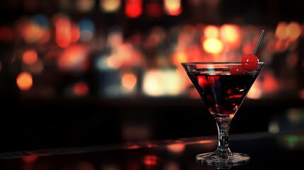 An elegant cocktail displayed on a glimmering bar, garnished with cherries, capturing the essence of nightlife and leisure in a cozy ambiance.