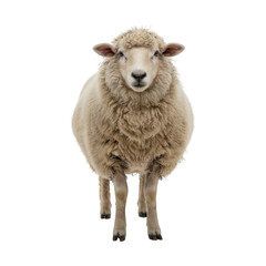 Fototapeta premium Fluffy sheep stands forward, isolated against a black background