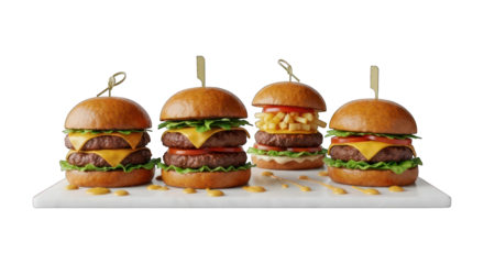 Four gourmet burgers lined up on a white platter against black background