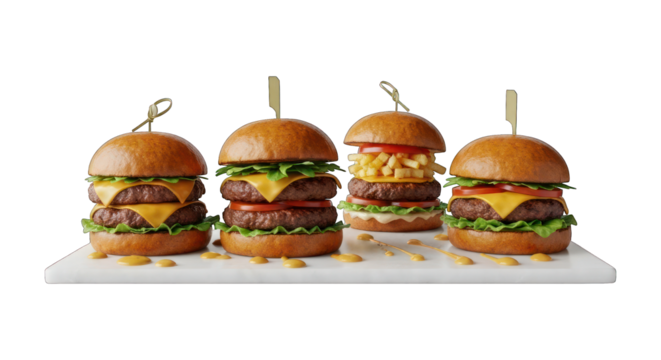Four gourmet burgers lined up on a white platter against black background