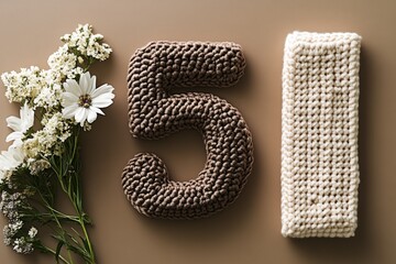 Showcasing a stylish crochet number five next to delicate white flowers, symbolizing achievement or special occasions, ideal for personal celebrations or events.