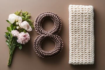 A charming crochet number eight paired with fresh pink flowers, embodying elegance and creativity, ideal for personal celebrations or as a decorative piece.