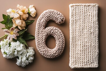 Displaying an artful crochet number six with a backdrop of bright flowers, representing joy and creativity, perfect for celebrations and milestone achievements.