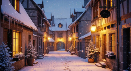 Obraz premium Charming cobblestone street in a quaint village dusted with fresh snow and illuminated by warm, inviting lights.
