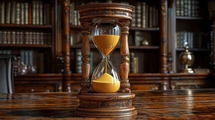 Ornate wooden hourglass with golden sand on a dark wooden desk, bookshelf background