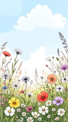 Colorful field of wildflowers under a light sky