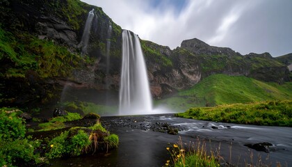 Obraz premium Majestic waterfall cascading down rocky cliffs