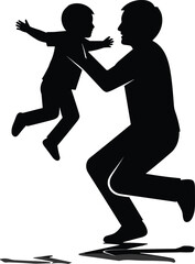 Parent catching child in joyful leap, black silhouette vector illustration for family bonding, parenting, and emotional connection design use