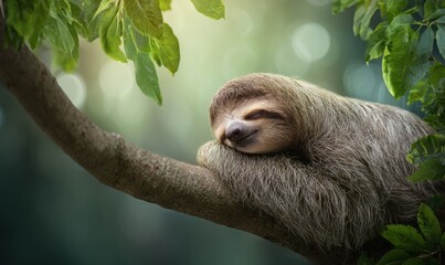 Sleeping Sloth on a Branch in Lush Green Forest.