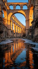 Ancient aqueduct arches, bathed in golden light, reflect beautifully in a tranquil waterway.