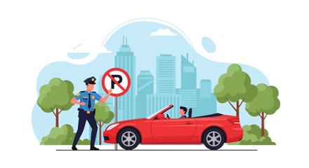 Flat style illustration of a police officer writing a ticket for illegal parking beside a no parking sign, highlighting law enforcement, traffic rules, and city safety regulations