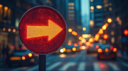 Red traffic sign shows a yellow arrow pointing right, on a city street