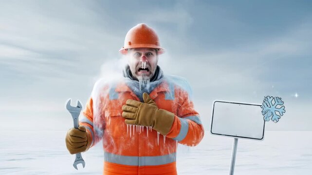 Man gas worker in cold weather becoming frosted, showing frostbite danger during gas infrastructure maintenance footage.
