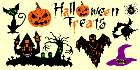 A set of vector Halloween elements featuring a haunted house, a black cat, ghosts, pumpkins, spiders, witch hats, and text on a light beige background.For greeting cards, banners, or festive designs.