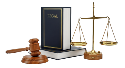 Law scene book labeled "LEGAL", gavel, scales of justice on dark background