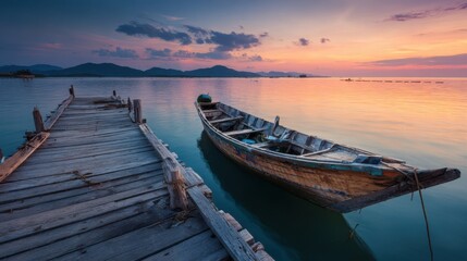 Serene Sunset Over Water with Boat and Dock.