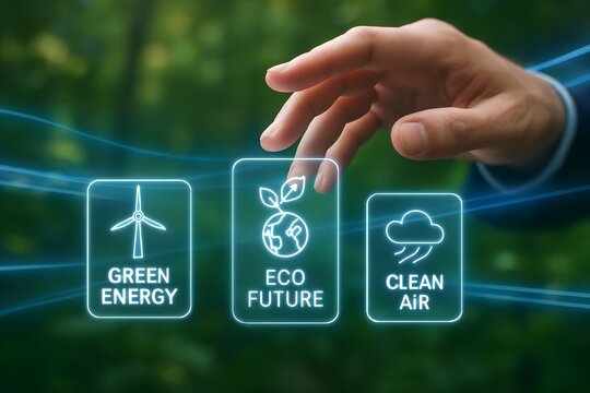 Hand touching glowing icons representing green energy, eco future, and clean air in a natural environment