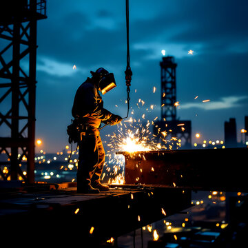Ironworker cutting steel at night &mdash; cinematic low-angle scene with welding sparks showering a towering structure; gritty blue-collar realism, dramatic moody lighting, industrial skyline backdrop