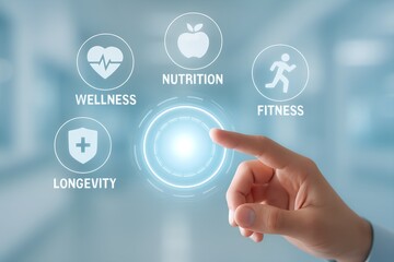 Hand touching a futuristic interface with icons representing wellness, nutrition, fitness, and longevity