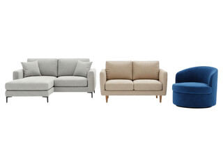 Modern living room furniture set grey chaise, beige sofa, blue armchair