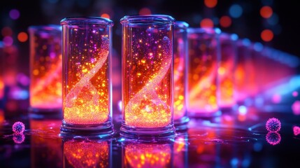 Row of glowing vials containing swirling orange and white strands
