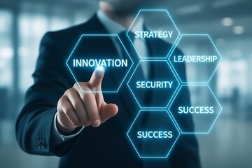 Businessman pointing at a futuristic hexagonal interface displaying innovation, strategy, leadership, security, and success