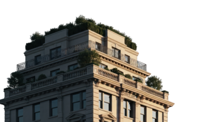 Ornate building corner with tiered rooftop greenery against black backdrop
