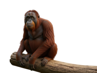 Orangutan perched thoughtfully on a log against a dark background