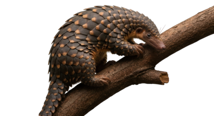 Pangolin, scales overlapping, clings tightly to a branch, dark background